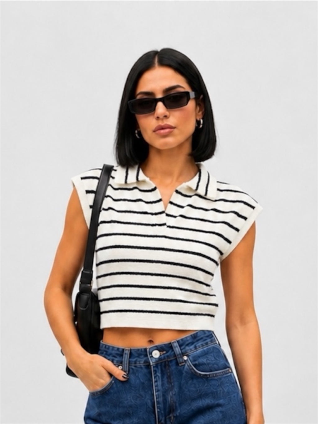 POLO A RAYURES SANS MANCHES EN MAILLE BLANC